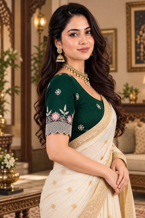 Green Lycra Readymade Embroidered Blouse For Women