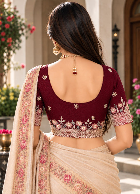 Maroon Lycra Readymade Embroidered Blouse For Women