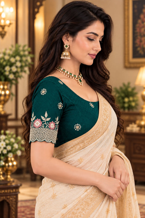 Teal Lycra Readymade Embroidered Blouse For Women