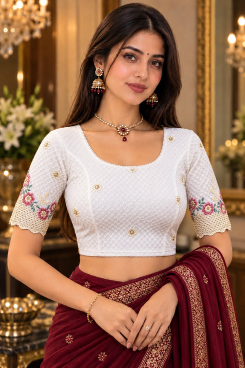 White Lycra Readymade Embroidered Blouse For Women