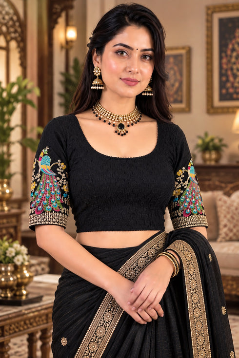Black Lycra Readymade Embroidered Blouse For Women