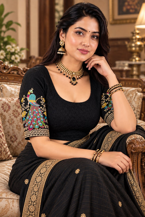 Black Lycra Readymade Embroidered Blouse For Women