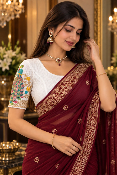 White Lycra Readymade Embroidered Blouse For Women