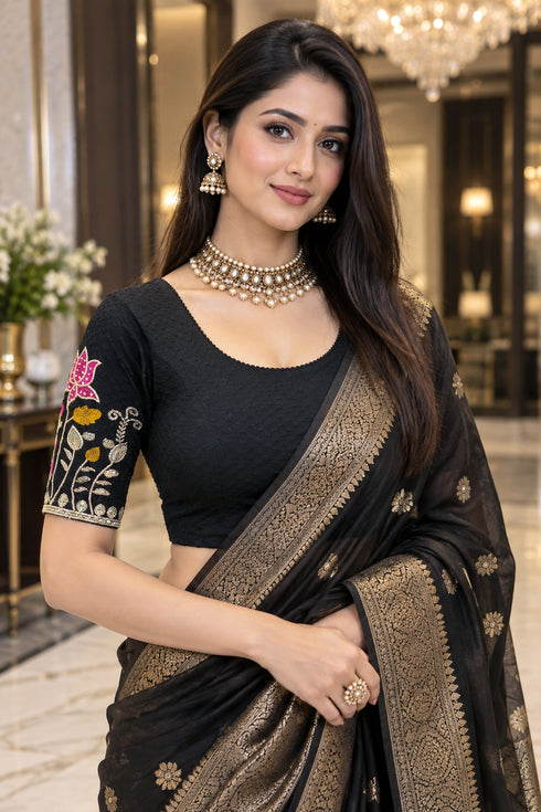 Black Lycra Readymade Embroidered Blouse For Women