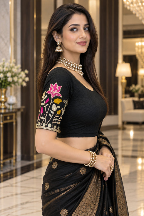 Black Lycra Readymade Embroidered Blouse For Women