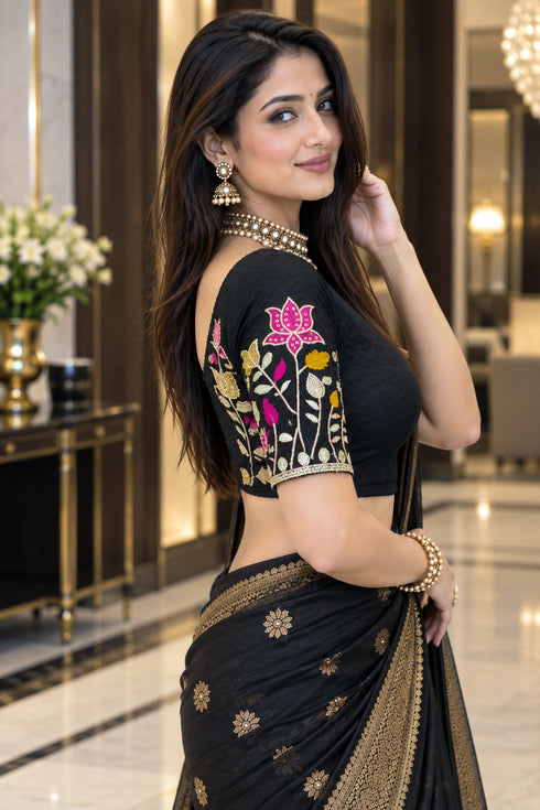 Black Lycra Readymade Embroidered Blouse For Women