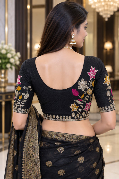 Black Lycra Readymade Embroidered Blouse For Women