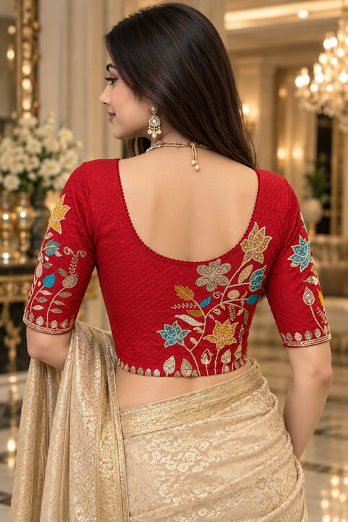 Red Lycra Readymade Embroidered Blouse For Women