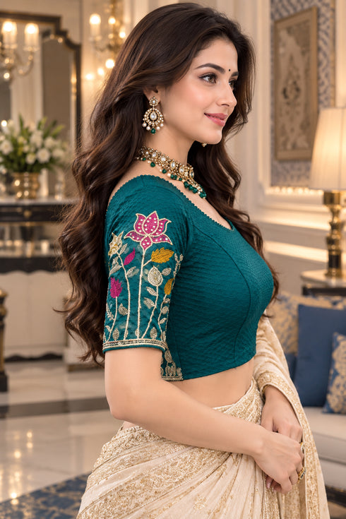 Teal Lycra Readymade Embroidered Blouse For Women
