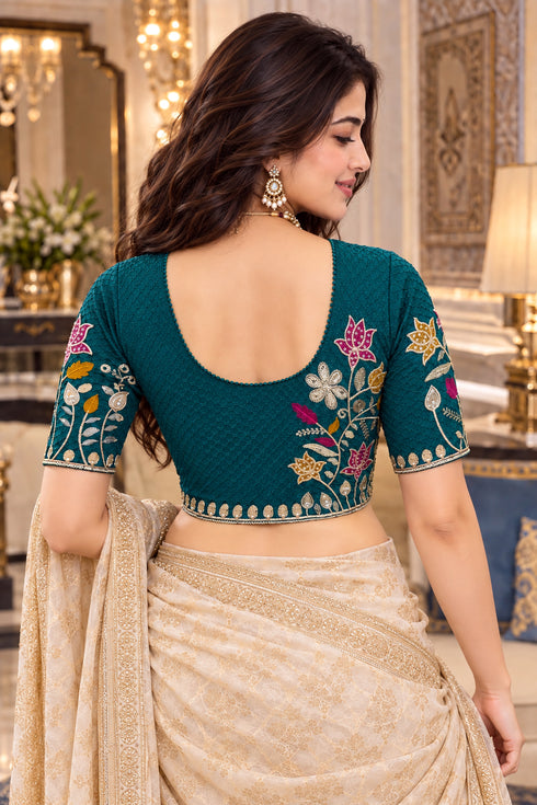 Teal Lycra Readymade Embroidered Blouse For Women