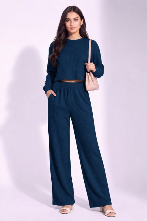 Teal Blue Lycra Solid Oversized Strachable Coords Set