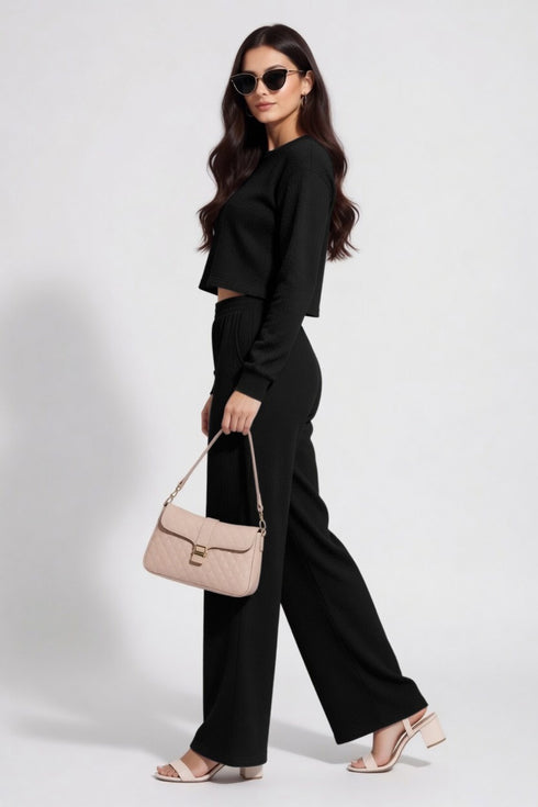 Black Lycra Solid Oversized Strachable Coords Set
