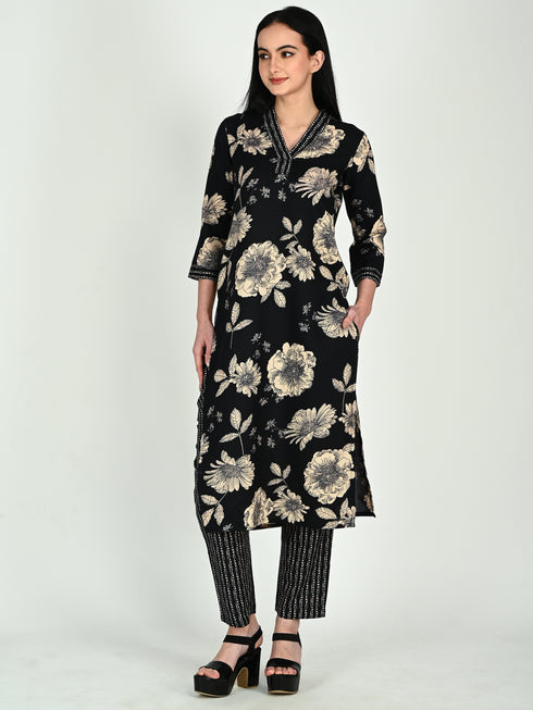 Black Cotton Blend  Floral Block Printed Kurta & Pant With Dupatta