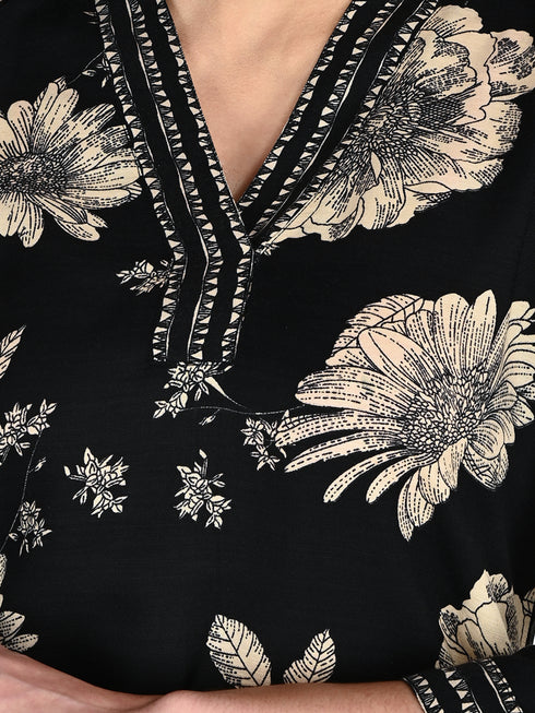 Black Cotton Blend  Floral Block Printed Kurta & Pant With Dupatta