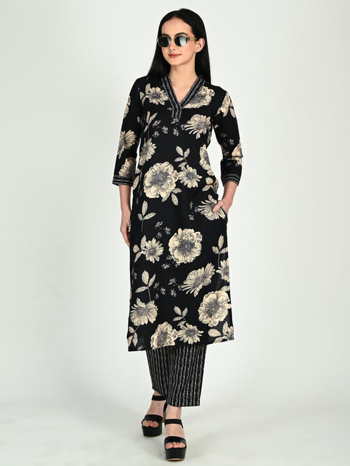 Black Cotton Blend  Floral Block Printed Kurta & Pant With Dupatta