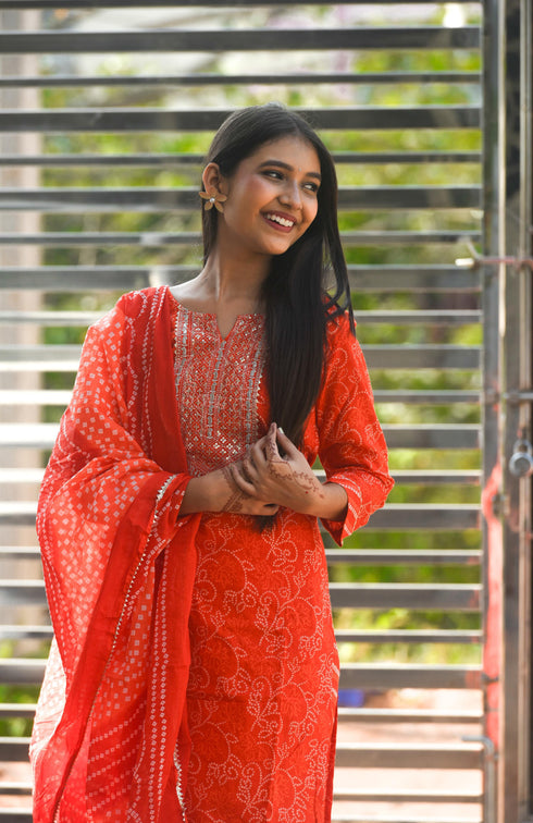 Pure Cambric Cotton Jaipuri Printed & Embroidered Kurta Set With Dupatta