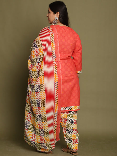 Peach Cotton Blend Printed Plus Size Ready to Wear Patiala Salwar Suit