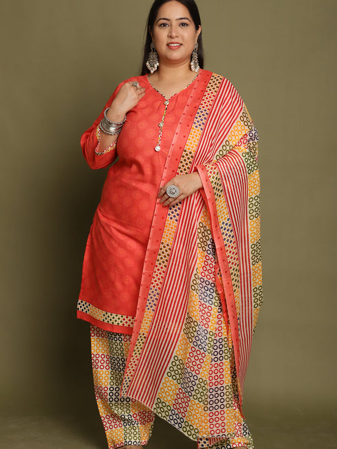 Peach Cotton Blend Printed Plus Size Ready to Wear Patiala Salwar Suit