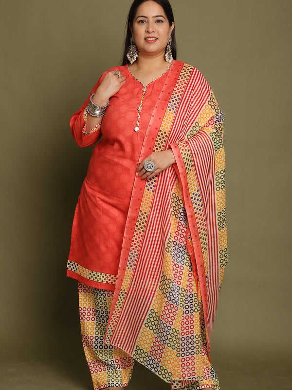 Peach Cotton Blend Printed Plus Size Ready to Wear Patiala Salwar Suit
