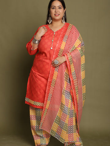 Peach Cotton Blend Printed Plus Size Ready to Wear Patiala Salwar Suit