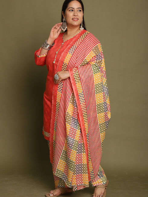 Peach Cotton Blend Printed Plus Size Ready to Wear Patiala Salwar Suit