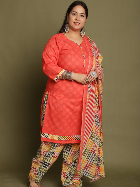 Peach Cotton Blend Printed Plus Size Ready to Wear Patiala Salwar Suit