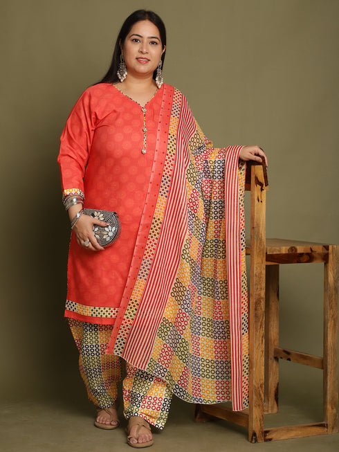 Peach Cotton Blend Printed Plus Size Ready to Wear Patiala Salwar Suit
