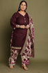 Wine Cotton Blend Printed Plus Size Ready to Wear Patiala Salwar Suit