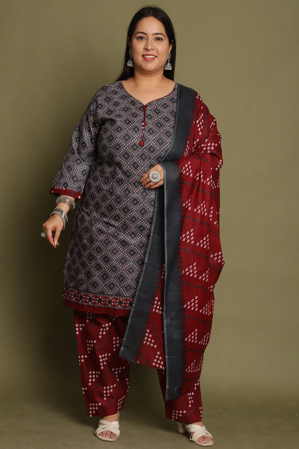 Grey Cotton Blend Printed Plus Size Ready to Wear Patiala Salwar Suit