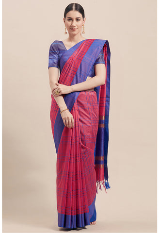 Magenta And Blue Cotton  Woven Traditional  Saree With Blouse Piece