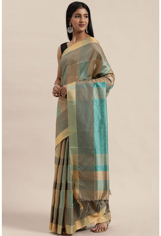 Green And Beige Cotton Silk  Printed Traditional  Saree With Blouse Piece