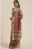 Red And Beige Cotton Silk  Printed Traditional  Saree With Blouse Piece