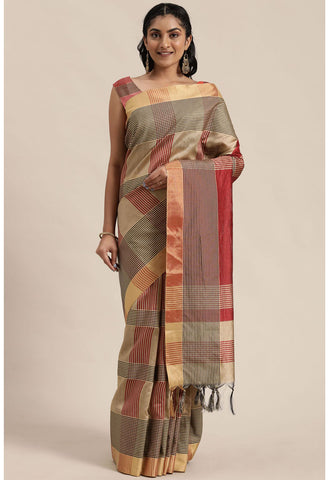 Red And Beige Cotton Silk  Printed Traditional  Saree With Blouse Piece