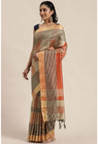 Orange And Beige Cotton Silk  Printed Traditional  Saree With Blouse Piece