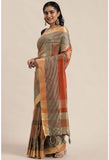 Orange And Beige Cotton Silk  Printed Traditional  Saree With Blouse Piece