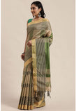 Parrot Green And Beige Cotton Silk  Printed Traditional  Saree With Blouse Piece