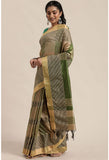 Parrot Green And Beige Cotton Silk  Printed Traditional  Saree With Blouse Piece