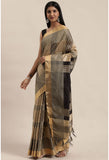 Black And Beige Cotton Silk  Printed Traditional  Saree With Blouse Piece