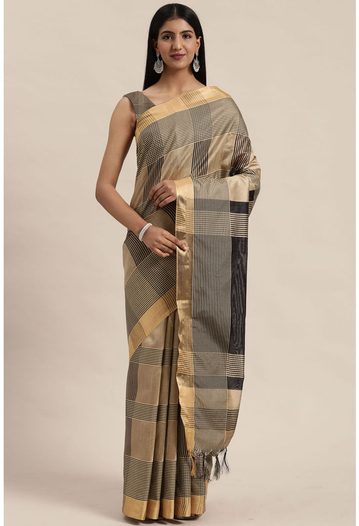 Black And Beige Cotton Silk  Printed Traditional  Saree With Blouse Piece