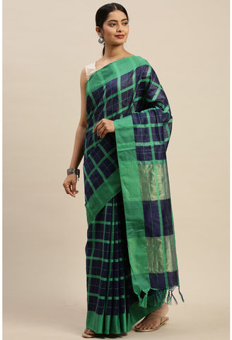 Navy Blue And Green Cotton Checks Printed Traditional  Saree With Blouse Piece
