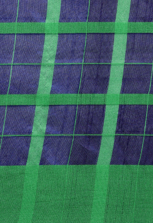 Navy Blue And Green Cotton Checks Printed Traditional  Saree With Blouse Piece
