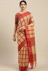 Beige And Red Cotton Checks Printed Traditional  Saree With Blouse Piece