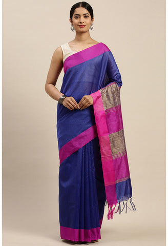 Blue Cotton Striped Printed Traditional  Saree With Blouse Piece