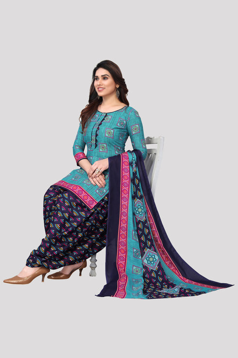Sky Blue Cotton Blend Printed Unstitched Salwar Suit Material