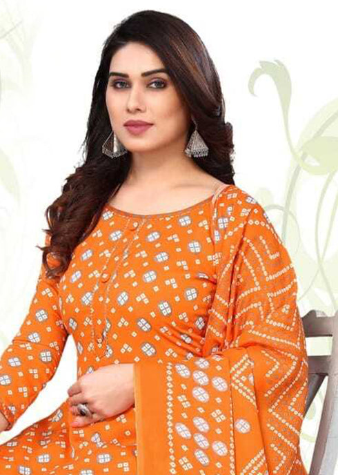 Orange Cotton Blend Printed Unstitched Salwar Suit Material