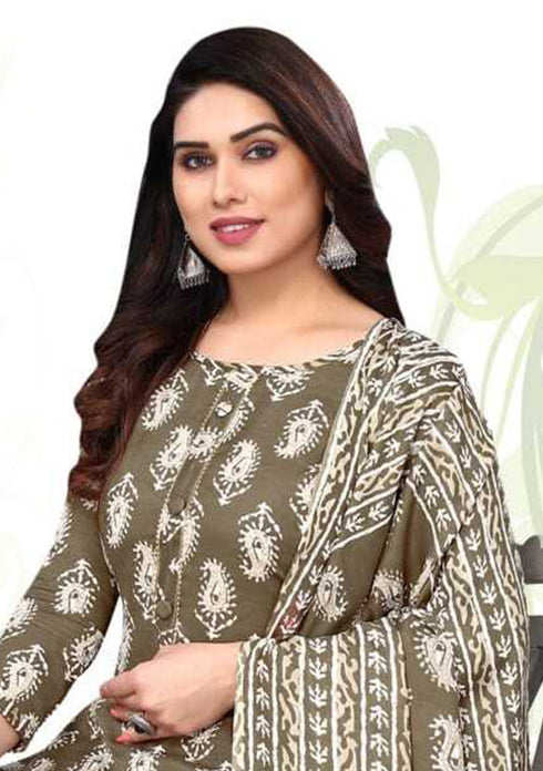 Olive Cotton Blend Printed Unstitched Salwar Suit Material