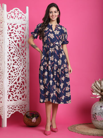 Blue Women's Pure Cotton Floral Printed Gown