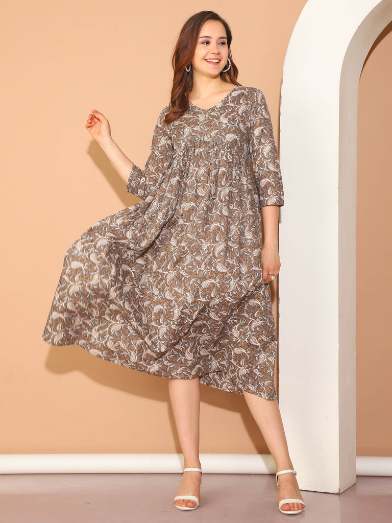 Brown Pure Cotton Floral Printed Gown