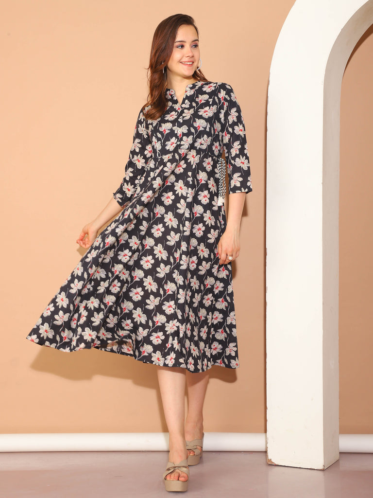 Black Women's Pure Cotton Floral Printed Gown