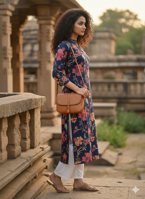 Blue Pure Cotton Jaipuri Floral Printed Kurti